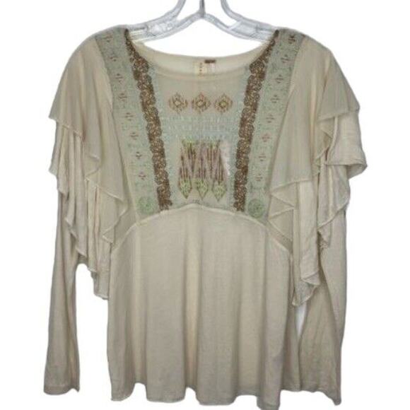 New Free People La Cienega Embroidered Long Sleeve Sheer Blouse XS Loose Threads - Picture 3 of 9
